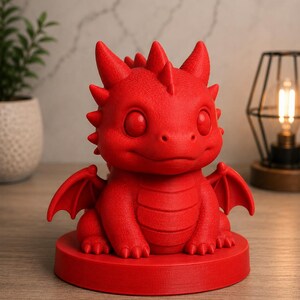 K&ouml;nnte beinhalten: Eine leuchtend rote Drachenfigur mit gro&szlig;en Augen, kleinen Fl&uuml;geln und einem stacheligen Kamm. Der Drache sitzt auf einem runden Sockel. Die Figur besteht aus einem festen Material und wird auf einer Holzoberfl&auml;che pr&auml;sentiert.