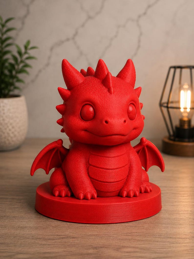 K&ouml;nnte beinhalten: Eine leuchtend rote Drachenfigur mit gro&szlig;en Augen, kleinen Fl&uuml;geln und einem stacheligen Kamm. Der Drache sitzt auf einem runden Sockel. Die Figur besteht aus einem festen Material und wird auf einer Holzoberfl&auml;che pr&auml;sentiert.