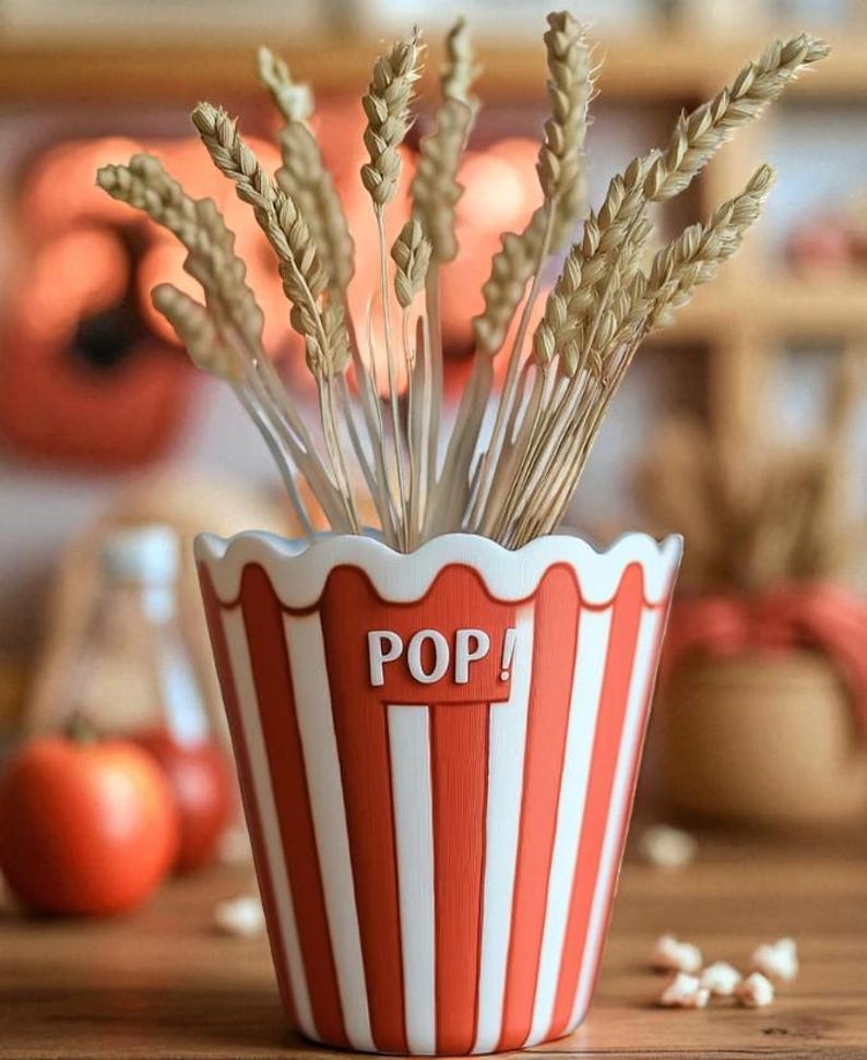 May include: A popcorn-themed container with red and white stripes, holding dried wheat stalks. The container has a scalloped rim and the word "POP!" in white. The arrangement sits on a wooden surface.