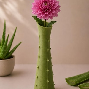 May include: A pink dahlia flower in a distinctive green vase with a textured, spiky design. The vase is shaped like a cactus. Aloe vera plants and leaves are also visible, creating a natural, botanical theme.