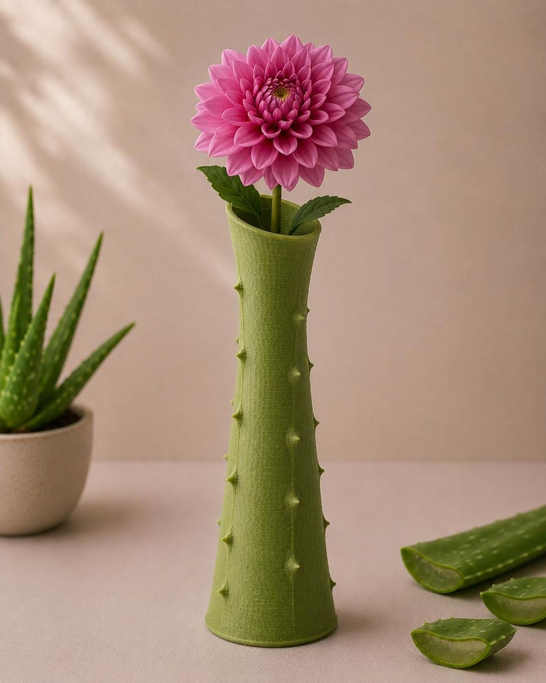 May include: A pink dahlia flower in a distinctive green vase with a textured, spiky design. The vase is shaped like a cactus. Aloe vera plants and leaves are also visible, creating a natural, botanical theme.