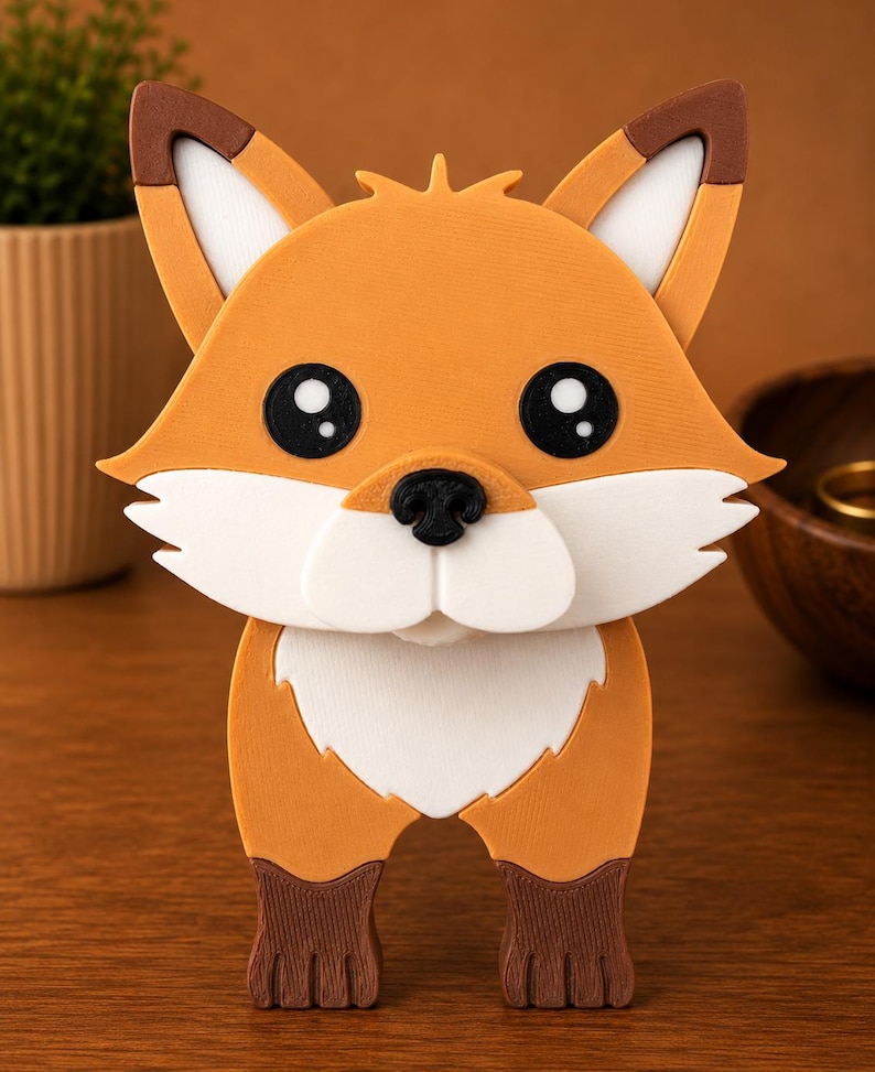 May include: A whimsical, orange fox figurine with a white chest and face, black eyes, and a black nose. The fox has brown accents on its ears and feet. The figurine is standing on a wooden surface.