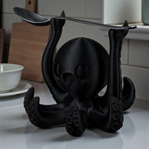 Puede incluir: Un soporte negro con forma de pulpo para utensilios de cocina. El pulpo tiene una cabeza redonda, ojos grandes y tent&aacute;culos. Una cuchara plateada descansa sobre los brazos del pulpo. El soporte es de material negro mate.