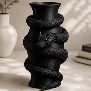 May include: A black vase with a textured surface, encircled by a detailed, sculpted black snake. The snake's head is visible, adding a striking contrast to the vase's smooth form. The vase is a decorative home accent.