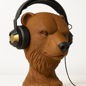 Könnte beinhalten: Eine braune Bärenkopfskulptur mit schwarzen Kopfhörern und goldenen Akzenten. Der Bär hat eine detaillierte Fellstruktur und eine schwarze Nase. Ein schwarzes Kabel erstreckt sich von den Kopfhörern. Die Skulptur steht vor weißem Hintergrund.