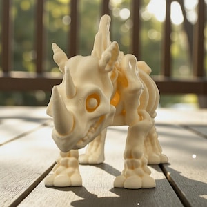 May include: A cream-colored rhinoceros figurine with a skeletal design. The rhino has a prominent horn, detailed facial features, and visible rib cage. The figurine is standing on a wooden surface, with a blurred background of greenery.