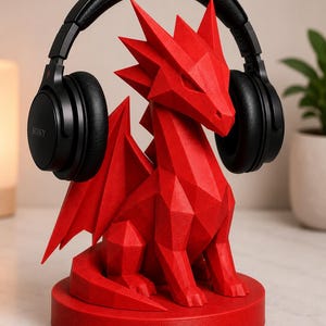 May include: A red geometric dragon headphone stand holding black headphones. The dragon has a detailed, angular design with wings and sits on a round base. The headphones are black with the brand name "SONY" visible on the ear cup.