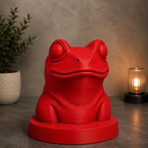 May include: A vibrant red frog sculpture with large, round eyes and a textured surface. The frog sits atop a matching red circular base. The sculpture is a decorative item, suitable for home decor.