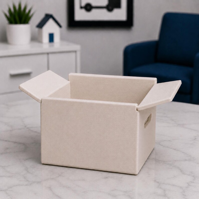 May include: An open, beige cardboard box with the top flaps partially open. The box has small handle cutouts on the sides. The box is sitting on a marble surface.