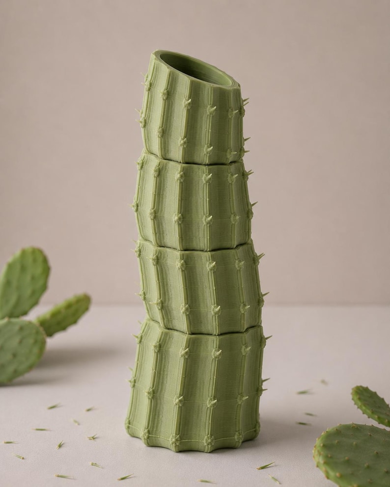 May include: A stack of four green cactus-shaped planters. Each planter section has vertical ridges and small, pointed protrusions. The top planter is angled. The background includes a few green cactus pads.