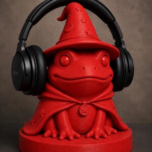 May include: A red frog-shaped headphone stand wearing a wizard hat and cape, with black headphones resting on top. The stand has a round base and is made of a solid material. The headphones are black with the Sony logo.