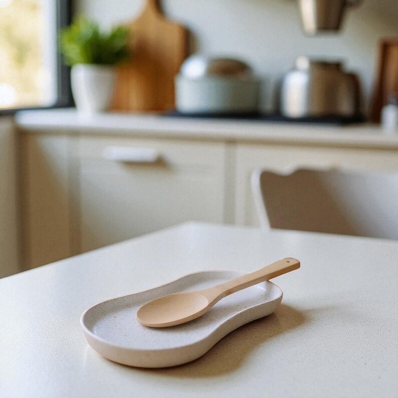 Puede incluir: Una cuchara de madera clara descansa sobre un reposacucharas de cer&aacute;mica moteada. El reposacucharas tiene una forma org&aacute;nica y curvada. El entorno de la cocina incluye una mesa blanca y un fondo borroso con utensilios de cocina.