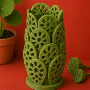 May include: A green, 3D-printed vase with a unique design resembling lotus root slices. The vase is cylindrical with a circular base. Two additional lotus pod-shaped objects are next to the vase. The background is a solid red.