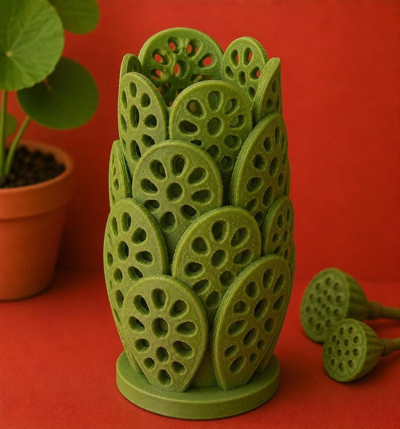May include: A green, 3D-printed vase with a unique design resembling lotus root slices. The vase is cylindrical with a circular base. Two additional lotus pod-shaped objects are next to the vase. The background is a solid red.