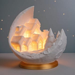 May include: A white ceramic Christmas village scene inside a crescent moon shape, illuminated with warm light. The village features houses and trees, set on a gold-colored base. The background is a soft gray with small, glowing dots.