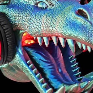 May include: A detailed, close-up image of a dragon's head with a headset. The dragon is rendered in shades of blue and green with sharp teeth and an open mouth. The headset is black with red accents. The background is black.