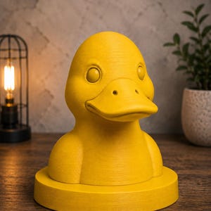 May include: A bright yellow duck-shaped decorative object. The duck has a detailed textured surface, with visible eyes and a beak. It is mounted on a circular base. The background includes a lamp and a potted plant, suggesting a home decor theme.
