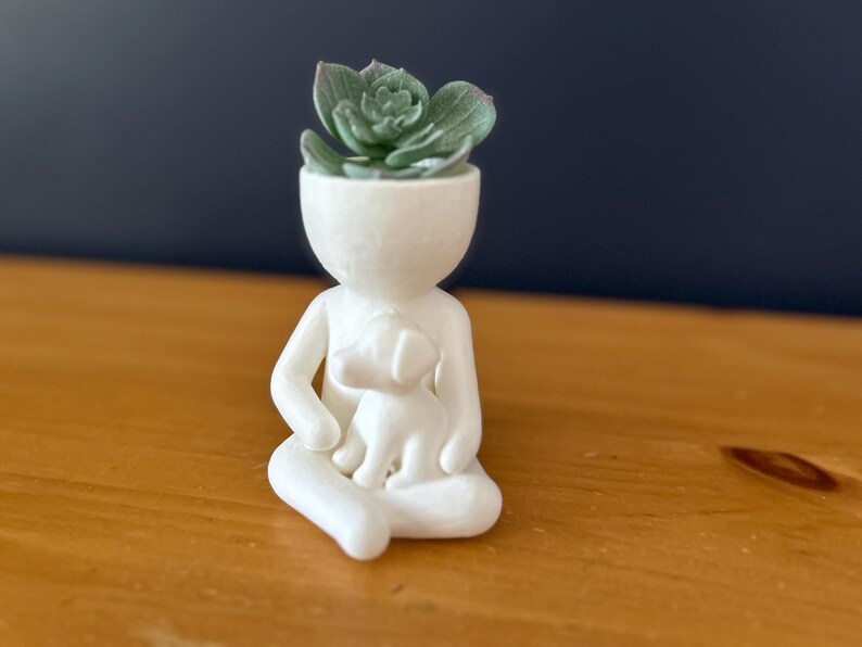 Puede incluir: Una figura de cer&aacute;mica blanca de una persona sentada con un perro, sosteniendo una planta suculenta en lugar de una cabeza. La planta tiene hojas verdes y grises. La figura est&aacute; sobre una superficie de madera.