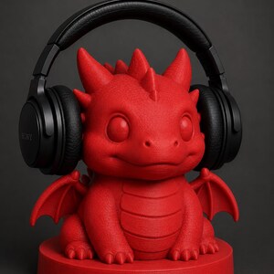 K&ouml;nnte beinhalten: Ein roter Drachen-Kopfh&ouml;rerst&auml;nder mit schwarzen Kopfh&ouml;rern. Der Drache hat gro&szlig;e Augen, kleine Fl&uuml;gel und eine strukturierte Oberfl&auml;che. Auf dem Kopfh&ouml;rer ist der Markenname "SONY" zu sehen.