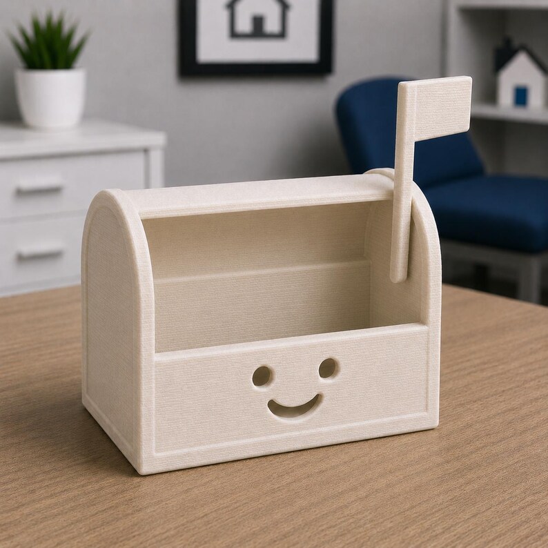 May include: A light beige mailbox-shaped desk organiser with a smiling face cutout. The mailbox has a flag on the side and a slot for mail. The organiser is made of a light-coloured material and sits on a wooden surface.