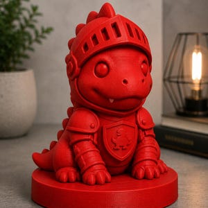 May include: A red figurine of a dragon wearing knight armor and a helmet. The dragon is sitting on a round base. The armor includes shoulder pads, arm guards, and a chest plate with a crest.