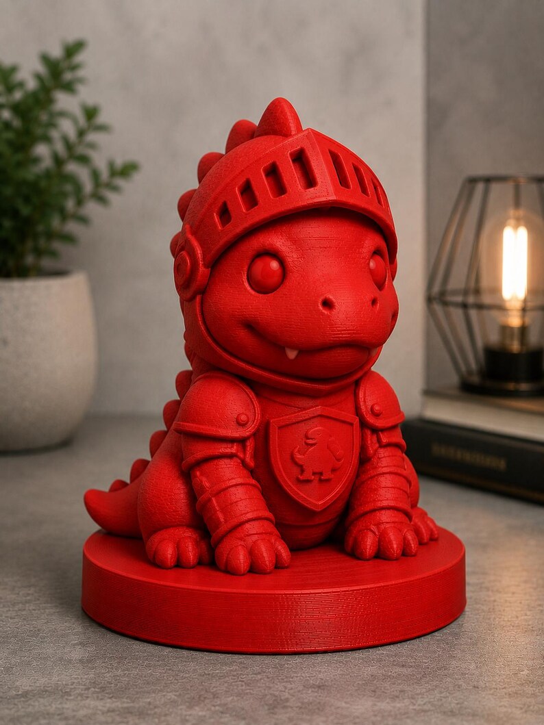 May include: A red figurine of a dragon wearing knight armor and a helmet. The dragon is sitting on a round base. The armor includes shoulder pads, arm guards, and a chest plate with a crest.