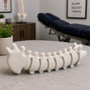 Op de afbeelding: Een cr&egrave;mekleurig wervelkolommodel, dat de wervels en de wervelstructuur laat zien. Het model staat op een grijze ondergrond, met een chiropractietafel en een ingelijste tekst met de tekst "ALIGN ADJUST THRIVE" op de achtergrond. Een plant in een pot is ook zichtbaar.