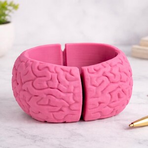 May include: A pink brain-shaped desk tidy. The organiser is split into two halves, with the brain's surface texture visible. A gold pen and paperclips are on the table. A small plant in a white pot is in the background.