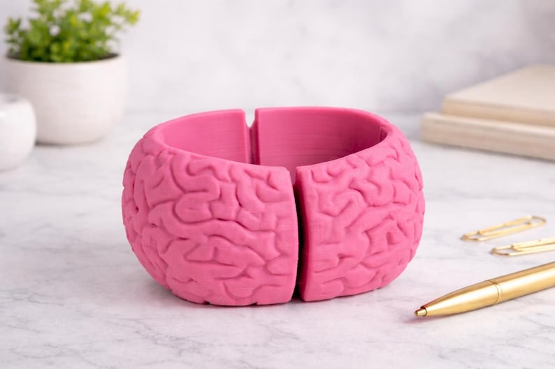 May include: A pink brain-shaped desk tidy. The organiser is split into two halves, with the brain's surface texture visible. A gold pen and paperclips are on the table. A small plant in a white pot is in the background.