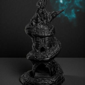May include: A black, 3D-printed fantasy sculpture of a tower entwined by a serpent. The tower has arched windows and a textured surface. A blue, glowing effect is in the background.