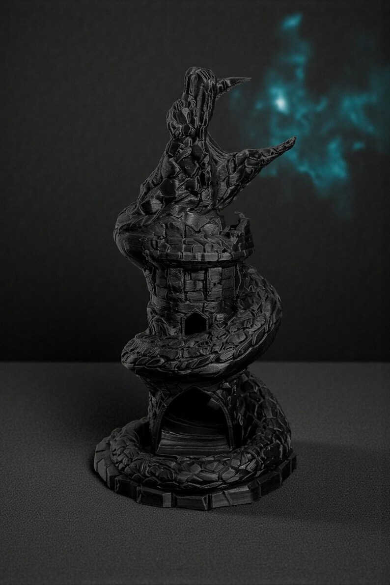 May include: A black, 3D-printed fantasy sculpture of a tower entwined by a serpent. The tower has arched windows and a textured surface. A blue, glowing effect is in the background.
