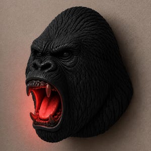 May include: A black gorilla head sculpture with an open mouth revealing red lighting. The sculpture has detailed fur texture and is mounted on a neutral-colored wall. The gorilla's teeth are visible.