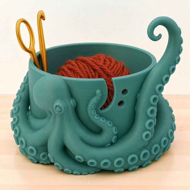 May include: Teal octopus-shaped yarn bowl with a ball of rust-colored yarn inside. Gold-colored crochet hook and scissors are placed on the side. The bowl has a unique design, perfect for knitting and crochet enthusiasts.