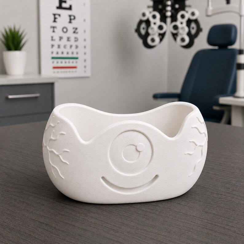 May include: A white, eye-shaped decorative bowl with a smiling face design. The bowl features an embossed eye and vein details, perfect for an optometrist's office or as a unique home decor item.