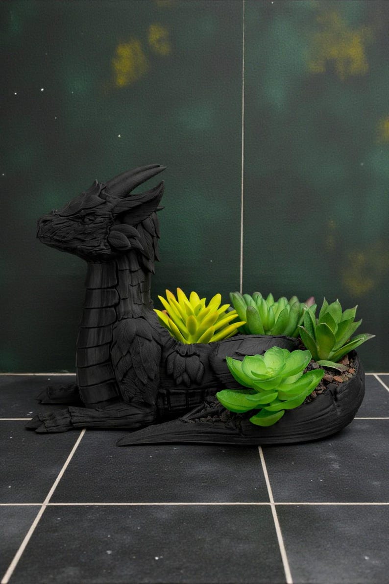 May include: A black dragon-shaped planter holding several green and yellow succulents. The dragon is in a resting position, with its head raised and detailed scales. The planter is on a dark tiled surface.