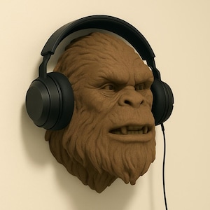 May include: A brown, textured sculpture of a Bigfoot head wearing black headphones. The sculpture is mounted on a light-coloured wall. The headphones have a black cord that hangs down.