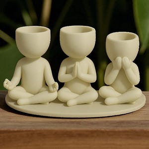 Puede incluir: Tres figuras de color crema en fila, cada una representando una figura humana sentada con la cabeza hueca. Una figura está en pose de meditación, otra con las manos juntas en oración y la tercera cubriéndose la boca. Se asientan sobre una base redonda.