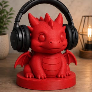 K&ouml;nnte beinhalten: Ein roter Drachen-Kopfh&ouml;rerst&auml;nder mit schwarzen Kopfh&ouml;rern. Der Drache hat Fl&uuml;gel und eine strukturierte Oberfl&auml;che. Die Kopfh&ouml;rer sind schwarz und tragen den Markennamen "SONY" an der Seite.
