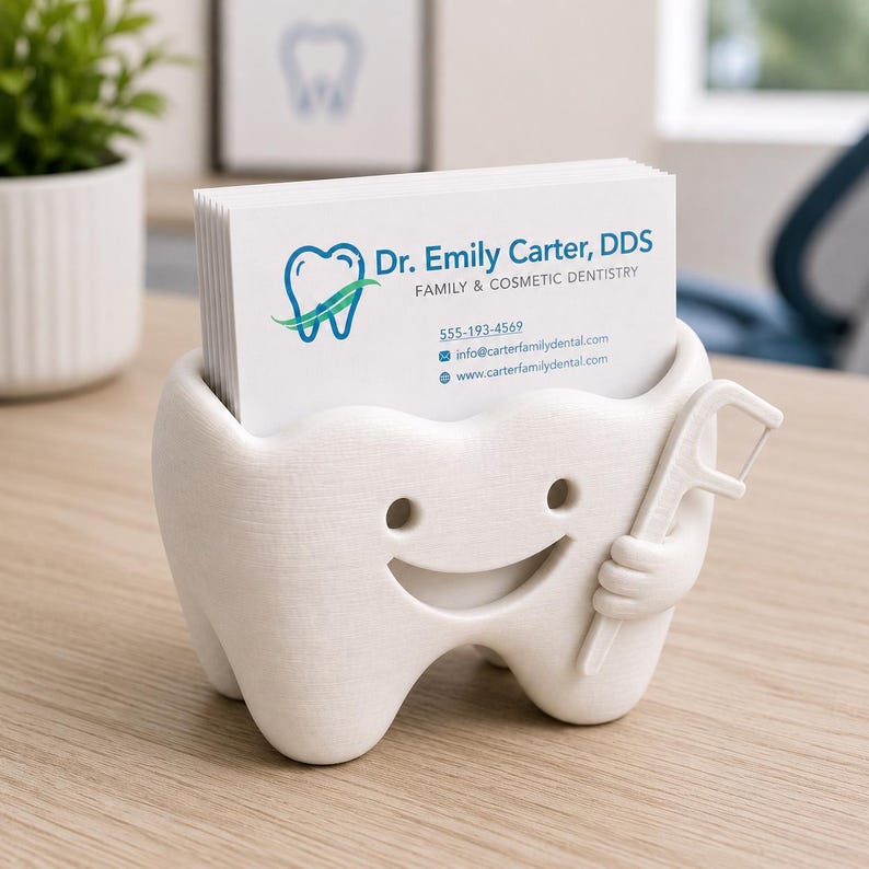 May include: A white, tooth-shaped business card holder with a smiling face and a floss pick. The holder contains business cards for Dr. Emily Carter, DDS, Family & Cosmetic Dentistry. The cards have a blue and green logo.