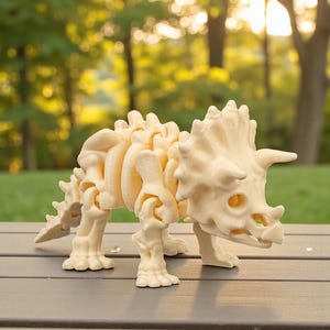 Może przedstawiać: Jasny beżowy model szkieletu dinozaura Triceratops wydrukowany w 3D. Model jest ustawiony na szarej powierzchni z rozmytym zielonym tłem drzew i światła słonecznego. Dinozaur ma trzy rogi, kołnierz i szczeg&oacute;łową strukturę kości.