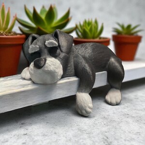 May include: A gray and white figurine of a dog, resting on a white ledge. The dog has a black body, white paws, and a white muzzle. Behind the dog are several small potted succulents.