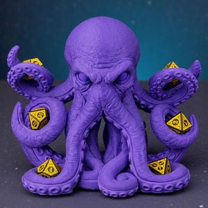 May include: A purple octopus figurine with multiple tentacles, each holding a yellow and black dice. The octopus has a detailed, textured surface and a stern expression. The dice have white numbers. The figurine is likely for tabletop gaming.