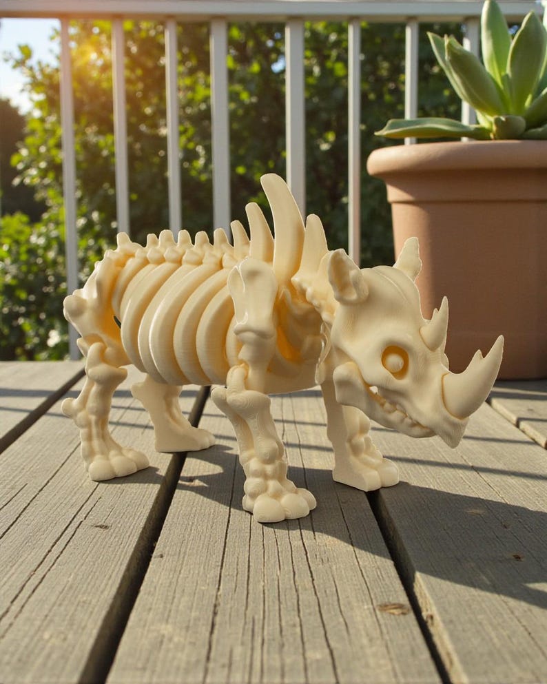 May include: A cream-colored rhinoceros skeleton figurine. The detailed model features a rib cage, spine, and skull with a prominent horn. The figurine is displayed on a wooden deck, showcasing its intricate design and skeletal structure.