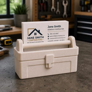 May include: A beige business card holder shaped like a toolbox, holding a stack of business cards. The cards display the name "Jane Smith" and contracting information, including a phone number and website. The toolbox has a handle and a latch.