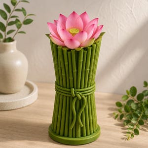 May include: A decorative green bamboo-style vase holding a pink lotus flower. The vase is tied with a green rope and sits on a wooden surface. A white vase and greenery are in the background.