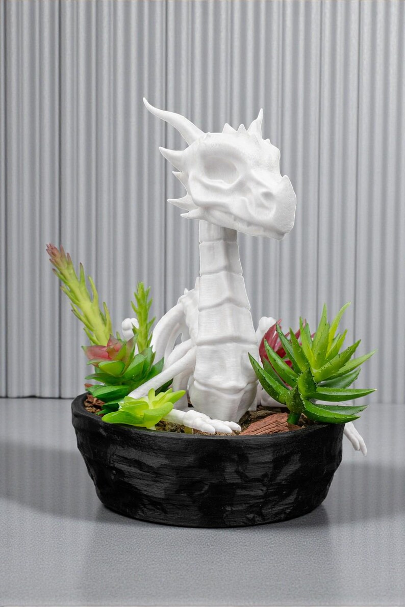 May include: A white dragon sculpture with a detailed head and spine, nestled in a black textured pot with assorted green and red succulents. The dragon is the focal point, creating a fantasy theme.