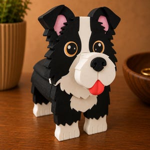 May include: A wooden dog sculpture in black, white, and pink. The dog has large, round eyes, a red tongue, and a white muzzle. The sculpture is made of layered wood pieces and has a playful, cartoonish appearance.