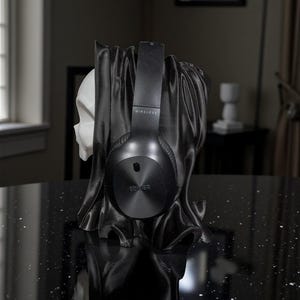 May include: Black wireless Edifier headphones resting on a black skull-shaped headphone stand. The stand has a draped fabric design. The headphones are centered, with the word "WIRELESS" visible on the headband.