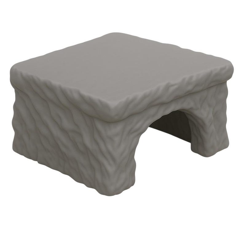 May include: A gray, cave-like structure with a rectangular top and an arched opening. The surface has a textured, stone-like appearance. This decorative piece could be used as a terrarium or a decorative accent.