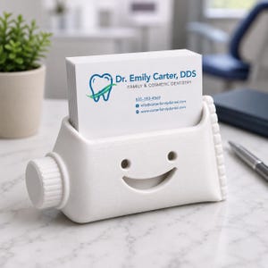 Pu&ograve; includere: Un portacarte bianco a forma di tubetto di dentifricio, con un design a faccina sorridente. Il supporto contiene una pila di biglietti da visita bianchi con il testo "Dr. Emily Carter, DDS" e informazioni di contatto.